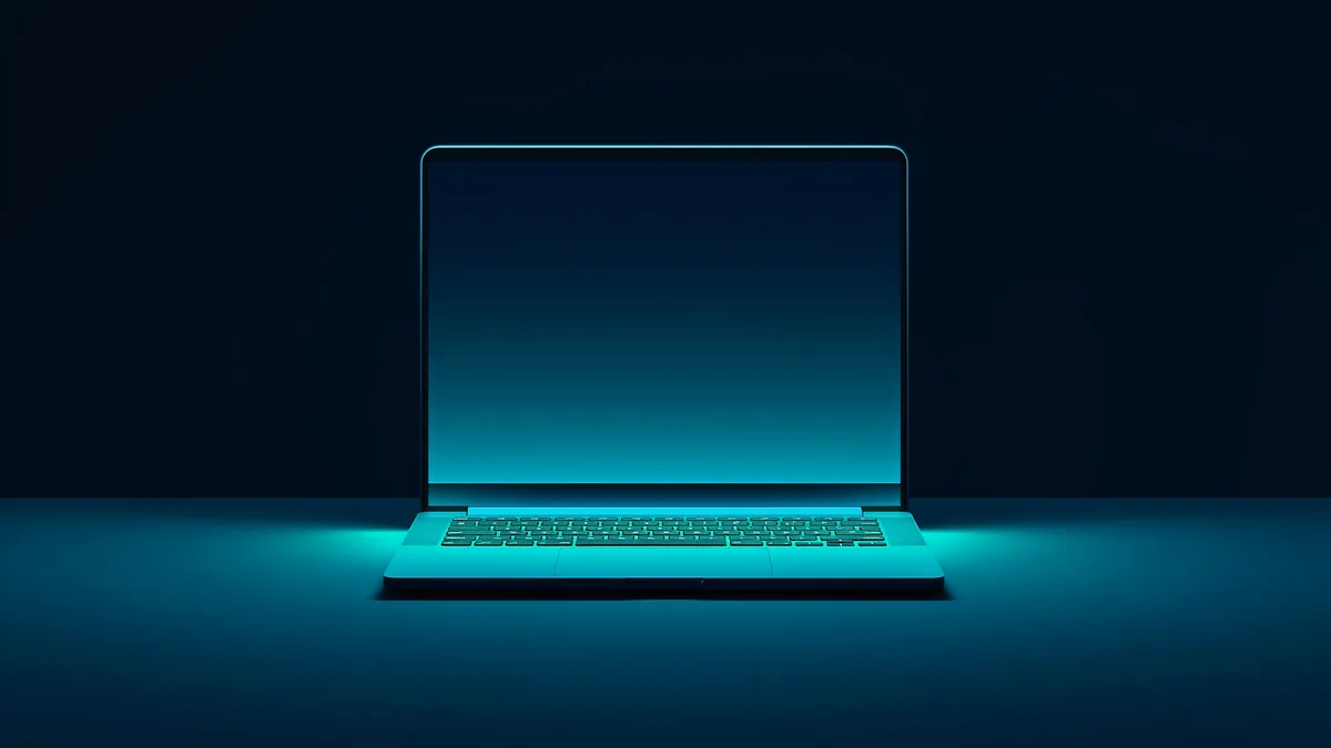 Ordinateur portable ouvert dont l'écran diffuse une lumière turquoise dans le noir