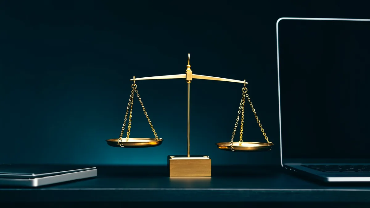 Balance dorée en équilibre sur un bureau, entre un ordinateur portable et un carnet