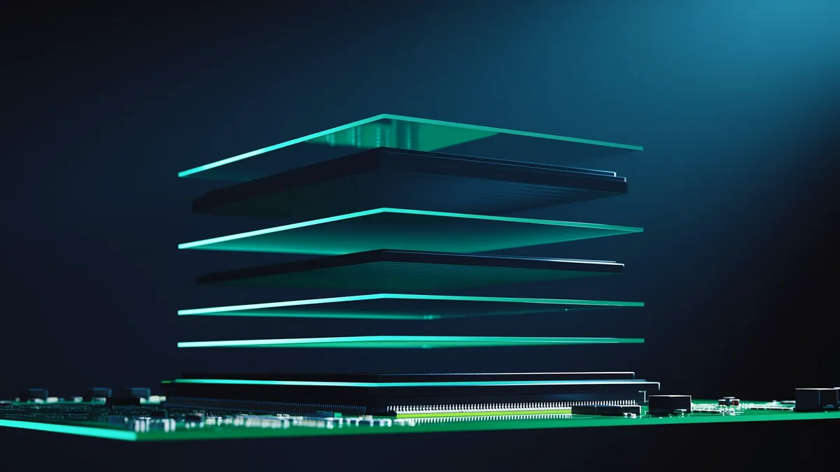 Couches de verre translucides empilées au-dessus d'une carte électronique