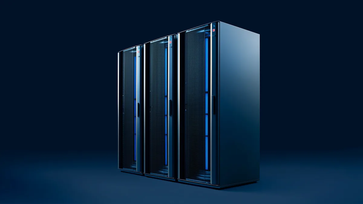Trois baies serveurs vues en perspective sur fond bleu profond
