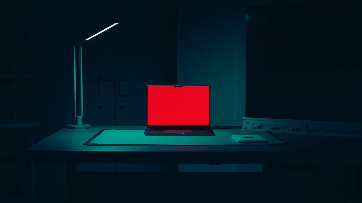 Bureau désert la nuit, écran d'ordinateur portable entièrement rouge