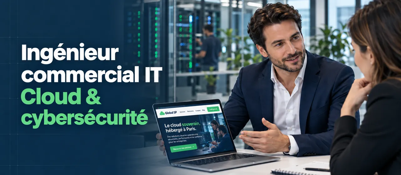 Ingénieur commercial IT, Cloud et cybersécurité : un ingénieur commercial présente le site Global SP à une cliente