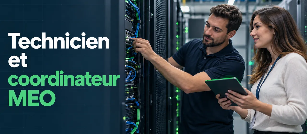 Technicien et coordinateur MEO : un technicien intervient sur une baie serveur avec une collègue en datacenter